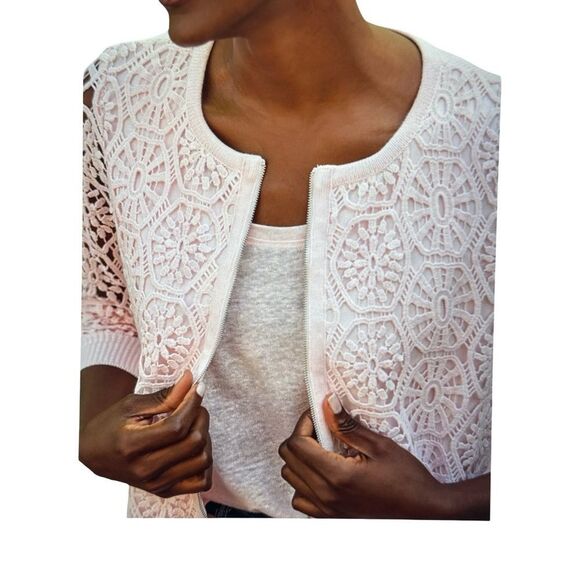 Pure Collection Lace Zip Cardigan, Soft Pink - Picture 3 of 7